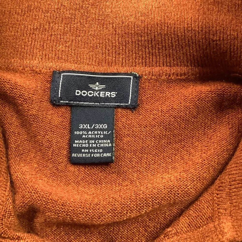 Dockers 3XL Rust Orange Acrylic Sweater With Diamond Pattern & Buttoned Collar - Picture 6 of 7